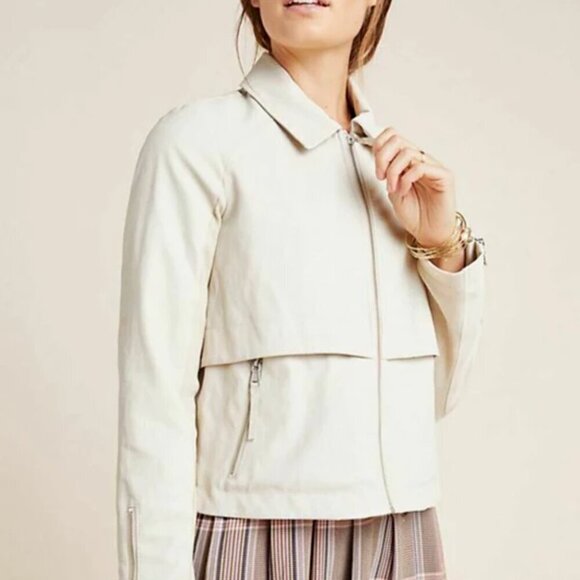 Anthropologie Anorak Jacket Crop Womens Extra Large Ivory Faux Leather Back Knit - Picture 2 of 7